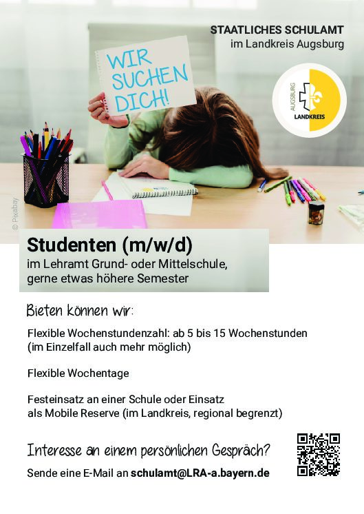 Das staatliche Schulamt im Landkreis Augsburg sucht Studenten (m/w/d)!